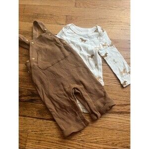 Little Co Kids Corduroy Overalls and Horse Print Bodysuit - Brown & Cream
